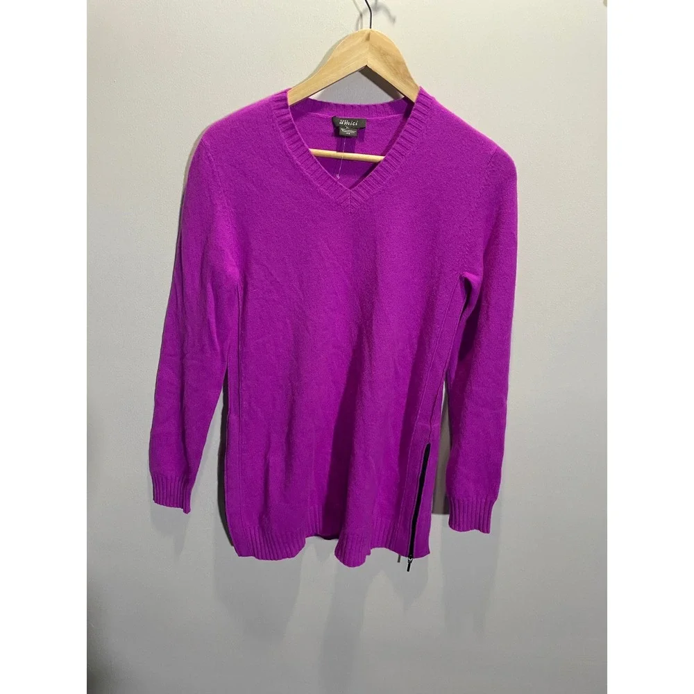 Pure Amici Sweater Women XS Purple‎ 100% Cashmere V-Neck Side Zip Knit Pullover